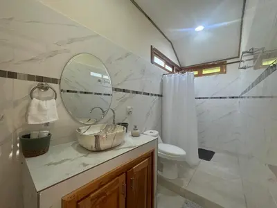a bathroom with a sink and a mirror and a toilet at Chilamate Room 2 in Tortuguero