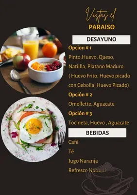a menu for a restaurant with a plate of food at Vistas Paraiso San Carlos in Venecia
