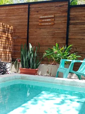 a swimming pool with two blue chairs and plants at Casa IGUANA in Santa Teresa Beach