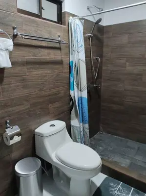 a bathroom with a toilet and a shower at Bernis House with Jacuzzi in Tanque