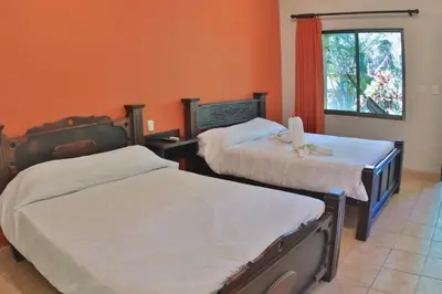 two beds in a room with orange walls and a window at Pitaya Lodge in Potrero