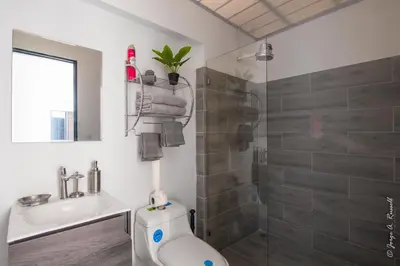 a bathroom with a shower and a toilet and a sink at Casa Plomo - 10 bed, 5 bdrm - One Block from Clubs in Jacó