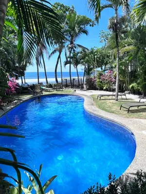 a swimming pool next to the beach with palm trees at Ola Bonita BeachFront Apart Hotel in Playa Hermosa