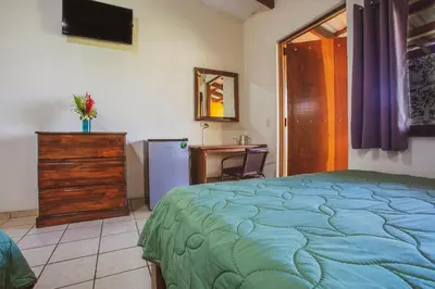 a bedroom with a bed and a desk and a television at Hotel La Hacienda in Quesada