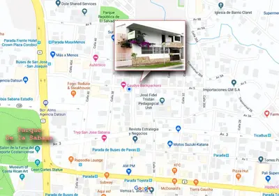a map showing the location of a house at Gaudy's Hostel in San José