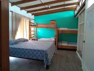 a bedroom with a bed and a green wall at Gaudy's Hostel in San José