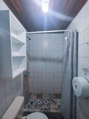 a small bathroom with a toilet and a shower at Gaudy's Hostel in San José