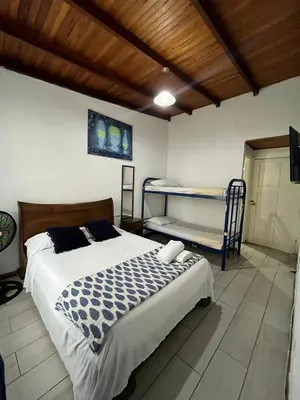 a bedroom with a bed and two bunk beds at Gaudy's Hostel in San José
