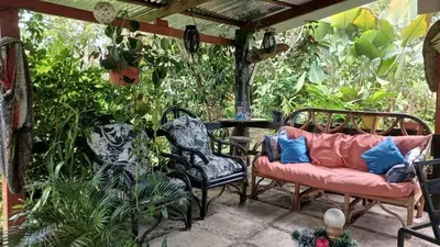 a patio with chairs and a couch and plants at Árbol de mayo in Jiménez