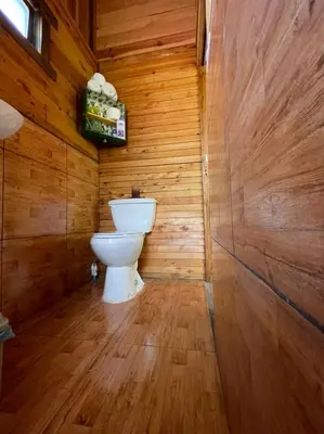 a bathroom with a toilet in a wooden room at Cabaña de Montaña in Cartago