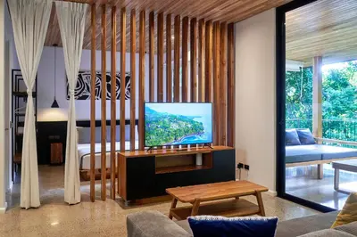 a living room with a television and a bedroom at Casas Alba - 1 bedroom Loft private kitchen bathroom and terrace Malpais in Mal País