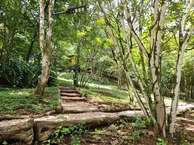 a path in a forest with a sign above it at Villas Gecko in San Juanillo