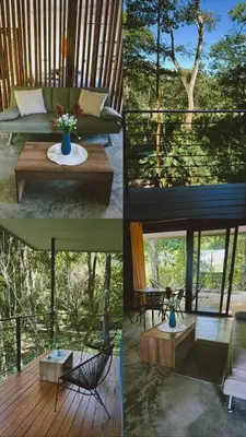 a collage of four pictures of a living room at Deer Houses Cabuya in Cabuya