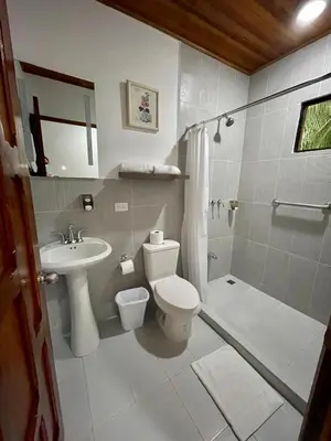 a bathroom with a toilet and a sink and a shower at Apartotel Flamboyant in Jacó