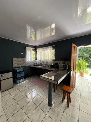a kitchen with a table and a counter top at Villa Granja Agua Azul-wi-fi-AC-6 Personas-parqueo in Agua Azul