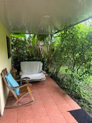 a patio with a chair and a couch and plants at Apartment-Pura Vida-Wi-Fi-TV-WC-AC-Parqueo in Fortuna