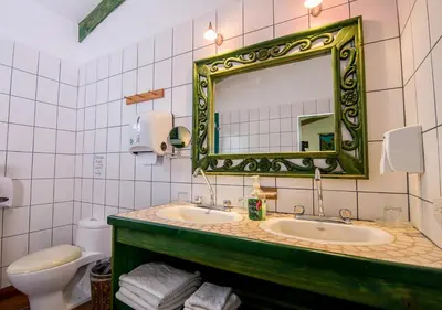 a bathroom with a mirror and a sink and a toilet at Villa Margarita in Alajuela City