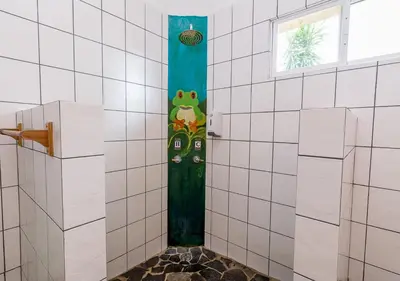 a bathroom with a frog painted on the wall at Villa Margarita in Alajuela City