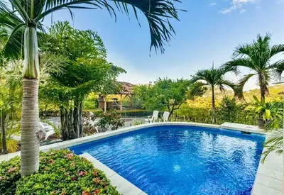 a swimming pool in a yard with a palm tree at Casa del Artista 4bed,4 bath Ocean view home in Playa Hermosa