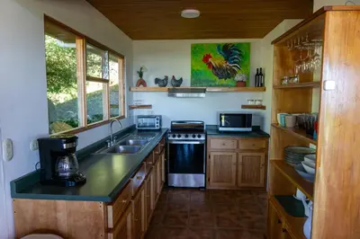 a kitchen with a sink and a stove top oven at Peaceful Mountain Experience - Coyote House in Poás