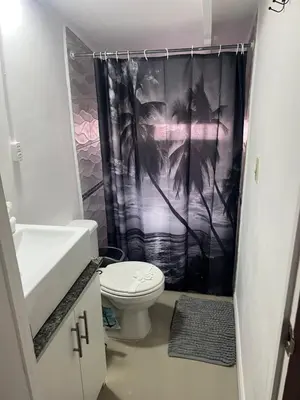 a bathroom with a toilet and a shower curtain at Enchanting 3 BR 2 Bath Condo in the Heart of Jaco in Jacó