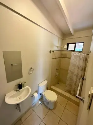 a bathroom with a toilet and a sink and a shower at Casitas de la Paz in Coco