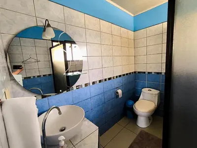 a bathroom with a toilet and a sink and a mirror at Green leaf house in Fortuna