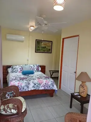 a bedroom with a bed and a ceiling fan at Hotel Tierra De Volcanes in Fortuna
