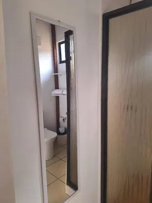 a bathroom with a mirror and a toilet at La cabaña del Dulce in San Rafael Norte