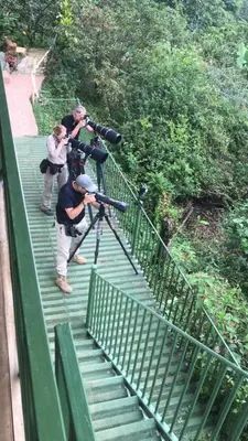 a group of people standing on a bridge with a camera at Chirripó Oasis in Canaán