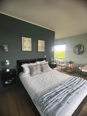 a bedroom with a large bed with a green wall at Paraíso privado Arenal Dragonfly in Fortuna