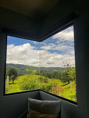 a window with a view of a green field at Paraíso privado Arenal Dragonfly in Fortuna