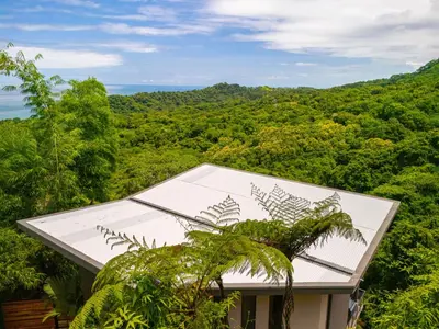 a house in the middle of a forest with a palm tree at Villa Vista Del Mar - by Pura Villas in Dominical