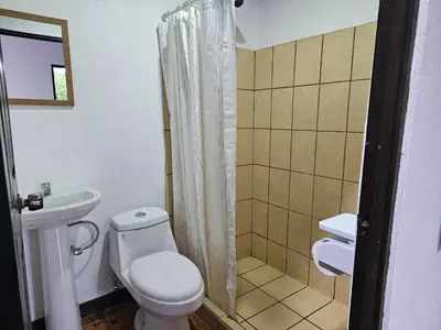 a bathroom with a toilet and a sink and a shower at Hotel Luna Liberiana in Liberia