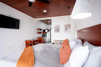 a bedroom with a bed with pillows and a tv at Villas Santa Maria - Private Bay Lake Arenal in Nuevo Arenal