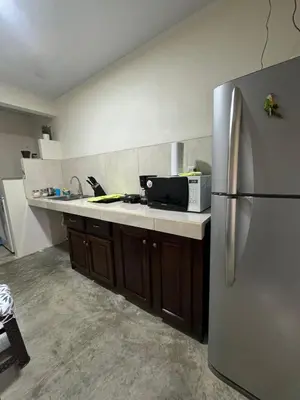 a kitchen with a stainless steel refrigerator and wooden cabinets at La Fortuna Raft House in Fortuna
