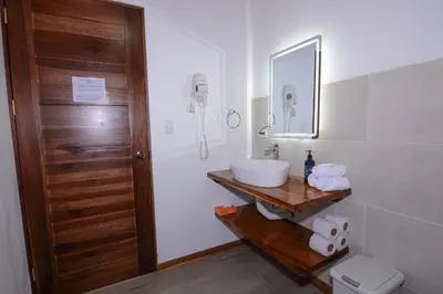 a bathroom with a sink and a mirror and a toilet at Nambí Monteverde in Monteverde Costa Rica