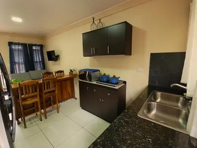 a kitchen with a sink and a counter top at Arenal Honey House in Fortuna