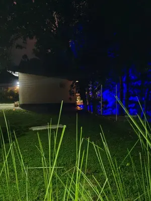 a yard with a white wall and trees at night at Charmin forest cabin in Fortuna