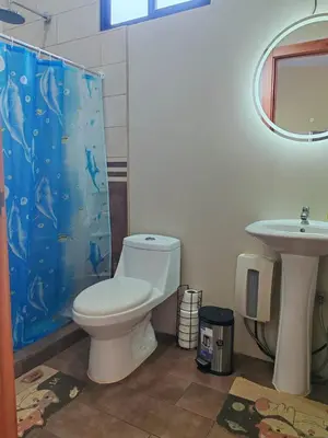 a bathroom with a toilet and a sink at Charmin forest cabin in Fortuna