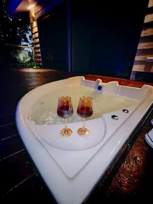 two glasses of wine sitting in a bath tub at Charmin forest cabin in Fortuna