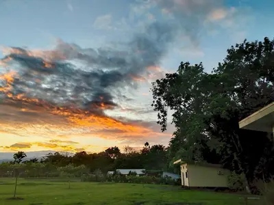 a sunset over a field with a house and a tree at Charmin forest cabin in Fortuna