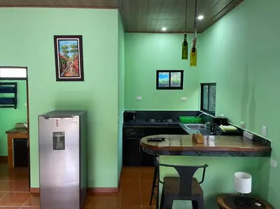 a kitchen with green walls and a counter and a refrigerator at Villas Casa Paz in Cóbano