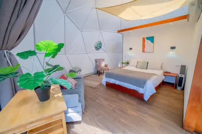 a bedroom with a bed and a couch in a room at Tocuma Glamping in Cartago