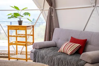 a living room with a couch and a table with a plant at Tocuma Glamping in Cartago