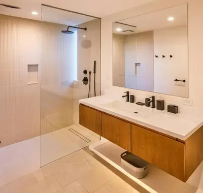 a bathroom with a sink and a shower at Nimbu West in Tamarindo