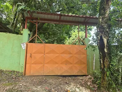 an orange gate in front of a tree at LiS house in San Luis