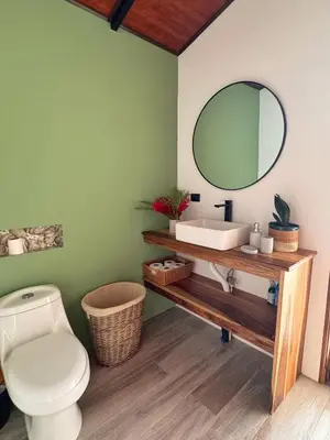 a bathroom with a sink and a toilet and a mirror at Alma Vida Lofts in Fortuna