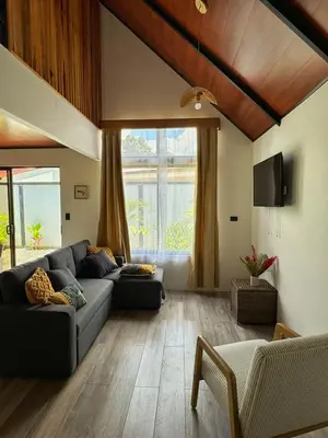 a living room with a couch and a tv at Alma Vida Lofts in Fortuna