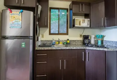 a kitchen with brown cabinets and a stainless steel refrigerator at Casa Bella Vista Jaco #1 in Jacó